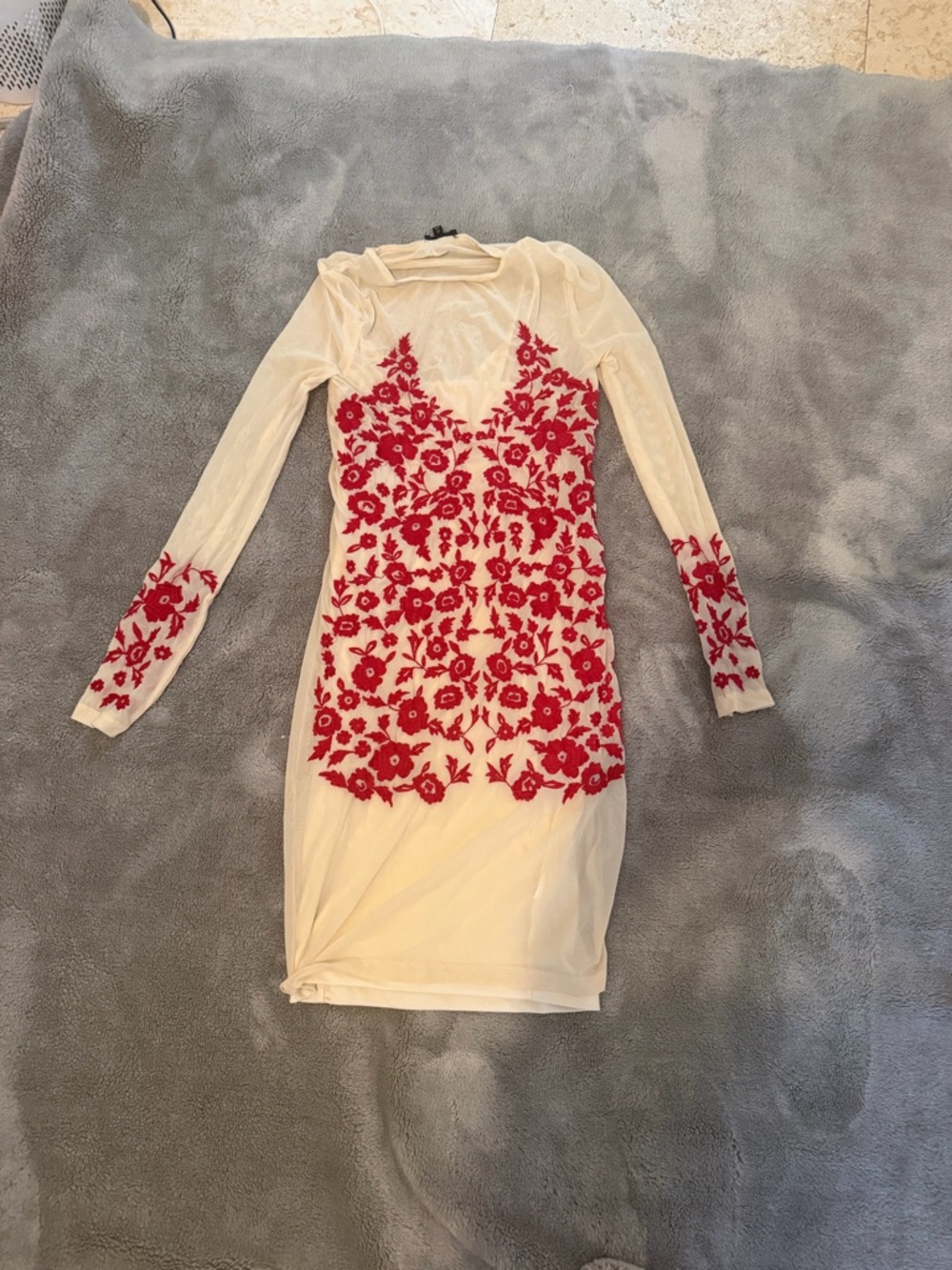 River Island Sheer Ivory Bodycon Dress with Red Floral Appliqué